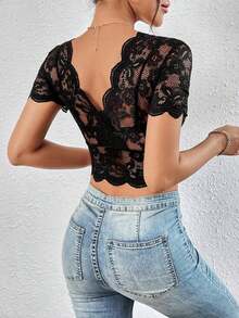 Top corto negro de encaje ajustado con ribete de vieira, top occidental para fiesta de verano - Negro - Ver 2
