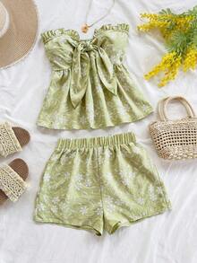 Set de 2 piezas para mujer con parte superior corta sin mangas con volantes y estampado de rayas y flores, y shorts casuales para verano, vacaciones en la playa y fiestas - Verde 3 - Ver 3