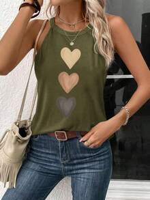 Top sin mangas con estampado de corazón, adecuado para el verano, top ajustado de mujer para volver al colegio, casual - Verde militar - Ver 1