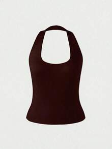Camiseta sin espalda ajustada de color amarizo sólido con tirantes finos, blusa casual para mujer, adecuada para la playa, el hogar y el uso diario en verano - Burdeos - Ver 6