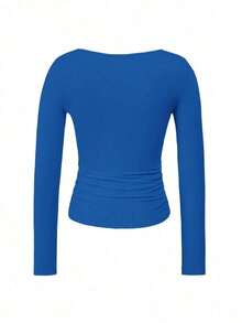Camiseta ajustada de manga larga con cuello cuadrado para mujer, primavera/verano Y2K, unicolor, sexy, adecuada para el Día de San Valentín y uso casual - azul real - Ver 4