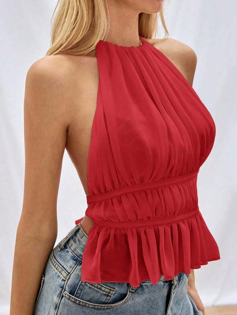 Top sin espalda de tirantes con pliegues y cordón en color negro, informal de verano para salir - Rojo - Ver 1