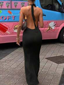 Vestido largo minimalista y elegante de mujer  de unicolor, con cuello en V profundo, volantes en la espalda, de punto con gran elasticidad, estilo europeo y americano, sin mangas, adecuado para vacaciones, ocio y uso diario en verano, color negro - Negro - Ver 11