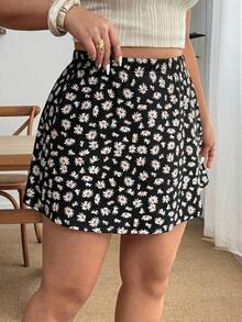 Falda corta casual de línea A de unicolor negro básico para mujer de talla grande, amigable con las curvas del Body redondeado, para el invierno, para la figura de Body redondeado tipo manzana - Negro 2 - Ver 8