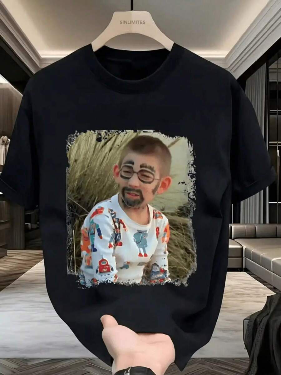 Men's T-Shirt With Funny Face Print - The Perfect Gift For Fashionable Friends (S, L, L, XL, XXXL), Lightweight And Breathable Short Sleeve T-Shirt, Ideal For Easter, Halloween, Thanksgiving, Etc. - 黑色 - 查看 1