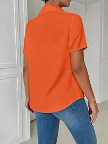 Blusa naranja casual de manga larga ajustada con cuello vuelto y bolsillo para mujer - Naranja - Ver 2