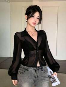 Camisa elegante de manga larga para mujer con pespunte de espina de pescado, empalme con adorno de encaje, ajuste ceñido, adecuada para uso en la oficina, primavera/verano - Negro 2 - Ver 5