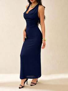 Vestido elegante de mujer de unicolor con cuello drapeado de malla, vestido largo, estilo vacacional, adecuado para vacaciones de otoño/invierno - Azul marino - Ver 4