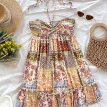 Western Wear Women,Summer Dresses For Women,Vacation Outfits Woman,Bohemian,Rave Outfit Festival,Concert Outfit Women,Easter Dress Women,Women's Vacation Colorful Retro Print Drawstring Front & Back Tie Layered Mini Dress, Music Festival Outfit,Sun Dress - Multicolor - Ver 3
