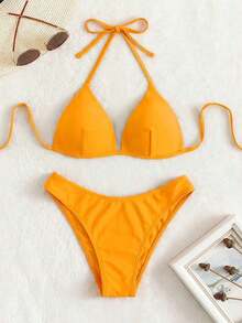 Conjunto de bikini liso, sujetador push up y parte inferior de bikini, traje de baño de 2 piezas - Naranja - Ver 5