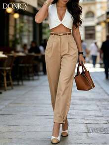 anchos de mujer de color beige sólido, pantalones largos plisados de tela texturizada elegante, adecuados para la oficina y el uso casual en primavera/verano.Cinturón no incluido. - Caqui - Ver 6