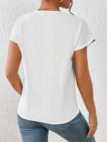 Blusa de mangas de murciélago sólidas, cuello en V, blusas de manga corta - Blanco - Ver 2