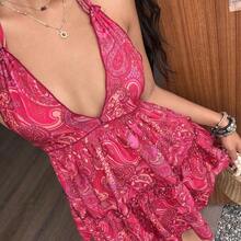 Women's Casual Vacation Daily Versatile Fashionable Bohemian Print Backless Tie Bow Halter Dress, Spring/Summer - Multicolor - Ver 6