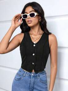 Chaleco vaquero de mujer de un solo pecho con lunares - Negro - Ver 6