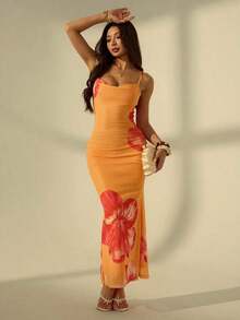 Vestido con tirantes de escote bajo y estampado floral rosa para estilizar la figura de mujer.Conjunto elegante y sexy para las vacaciones de verano - Naranja - Ver 4