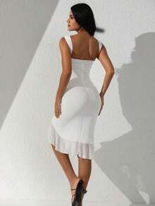 Vestido de fiesta ajustado de doble capa de malla con volantes, vestido sexy para discoteca para primavera/verano, elegante rojo para el Día de San Valentín - Blanco - Ver 2