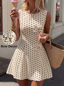 Vestido de línea A con cintura ceñida, decorado con lazo, a rayas azul y blanco, adecuado para la escuela, picnic de fin de semana, salida casual con amigos, de estilo fresco y dulce - Albaricoque - Ver 6