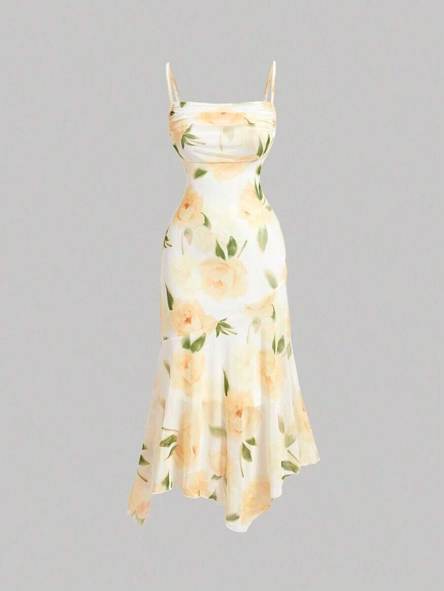 Vestido Camisero Elástico de Mujer con Estampado Floral Romántico, Bajo Asimétrico y Escote Fruncido - Amarillo - Ver 1