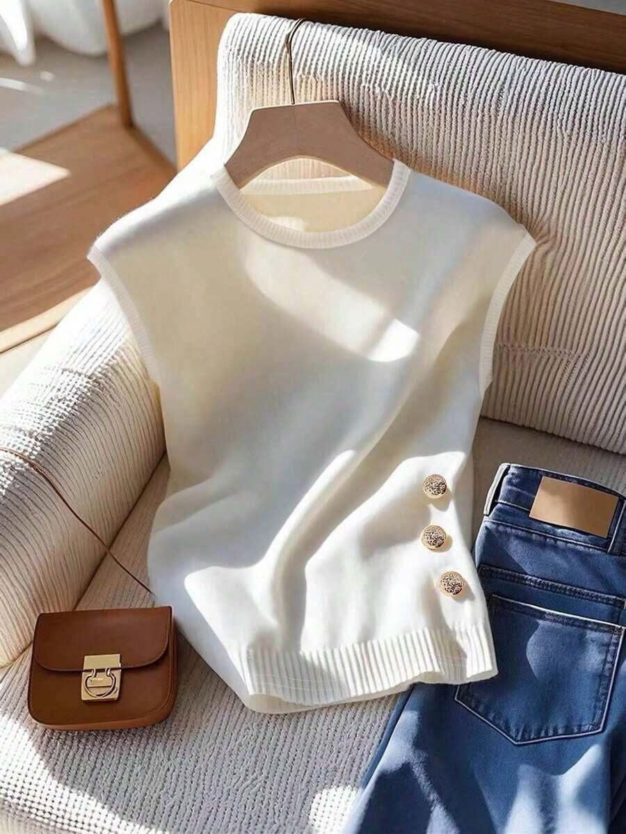 Camiseta casual de verano de unicolor para mujer, versátil, con decoración de botones - Blanco - Ver 1