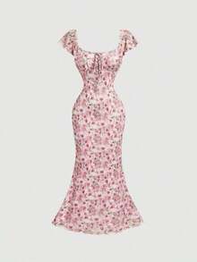 Vestido largo de verano con estampado floral ditsy en color albaricoque, vestido de vacaciones, vestido maxi floral crema para invitada de boda, estilo cottagecore, ajuste ceñido con mangas abullonadas, estética romántica vintage, vestido de ver - Rosa - Ver 3