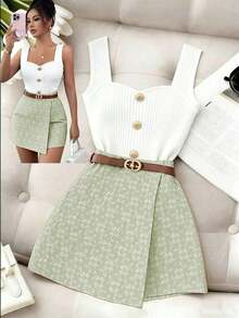 Falda pantalón elegante de unicolor con textura jacquard, para el Día de San Valentín - verde menta - Ver 1