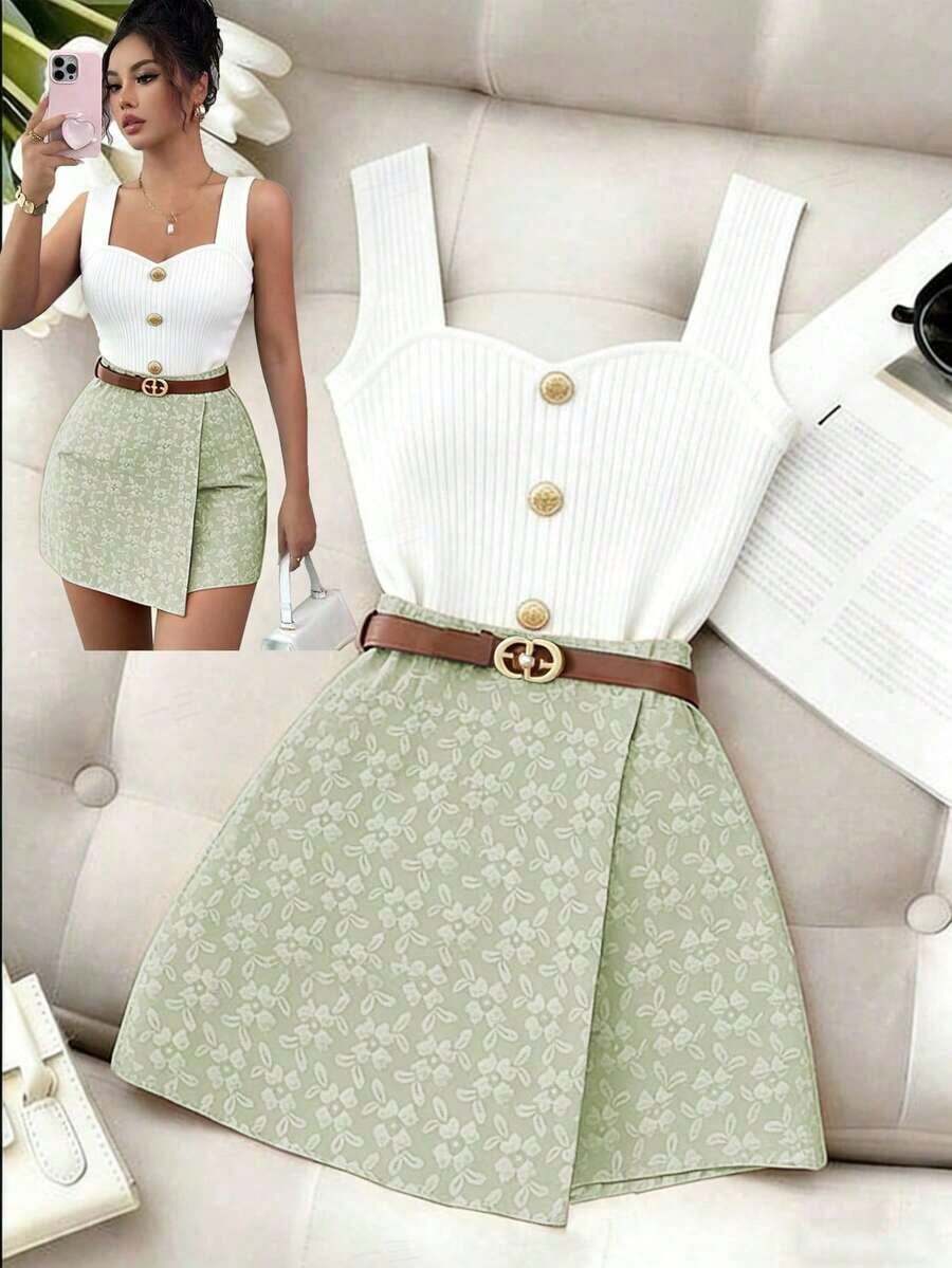 Falda pantalón elegante de unicolor con textura jacquard, para el Día de San Valentín - verde menta - Ver 1