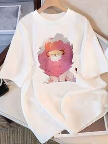 Women's 100% Cotton Lion Print T-Shirt - Casual Short Sleeve, Crew Neck, Loose Fit, Soft And Breathable Fabric, Perfect For Casual Outfits, Summer Wardrobe Essential | Crew Neck T-Shirt | Knit Texture - 白色 - 查看 1
