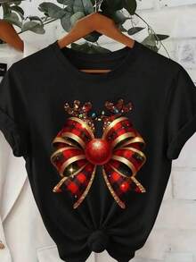 New 2026 Playera con diseño de moño navideño, con cuernos de reno, playera estampada, con colores de temporada, ideal para uso diario, llamativo, moderno, holgado, cuello redondo, manga corta, ideal para toda la familia - Negro - Ver 1