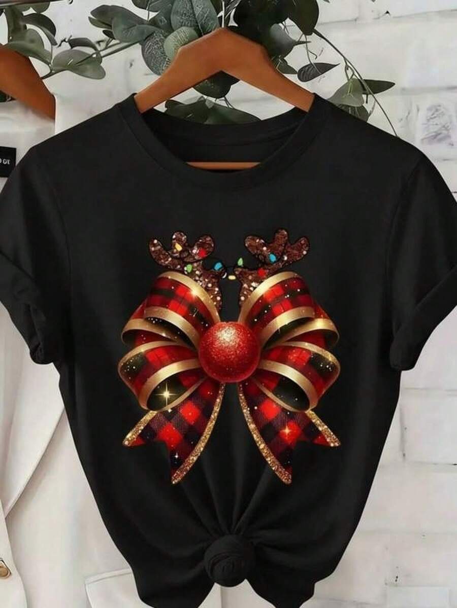 New 2026 Playera con diseño de moño navideño, con cuernos de reno, playera estampada, con colores de temporada, ideal para uso diario, llamativo, moderno, holgado, cuello redondo, manga corta, ideal para toda la familia - Negro - Ver 1