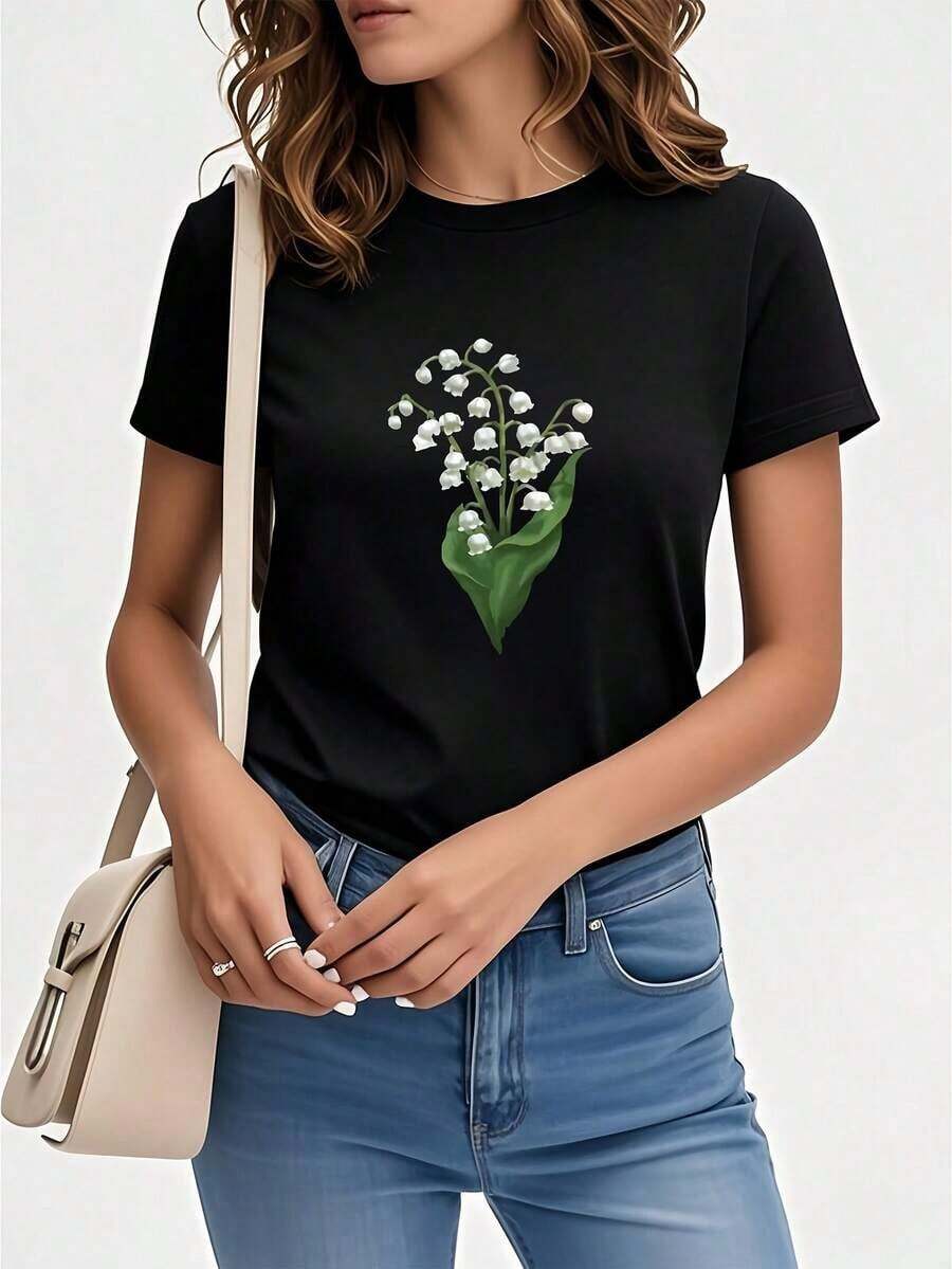 Women's Graphic Holiday T-Shirt - Lily Of The Valley Print Crew Neck T-Shirt, Non-See-Through, Everyday Wear, Machine Washable, Suitable For Office, Vacation, Gift (Casual Style For All Seasons), Comfortable Fit, Lightweight Short Sleeve Top, Stylish, Women's Office Wear, 100% Cotton, Retro Summer Holiday Fun Print T-Shirt In Plus Sizes - 黑色 - 查看 1
