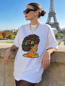 Women's Summer Clothing, Soft And Casual Cotton T-Shirt With A Round Neck, Featuring An African Culture-Themed Design And A Letter Print That Reads "MAESTRO" (Teacher), Conveying A Message Of Support And Educational Care. White. - 白色 - 查看 3