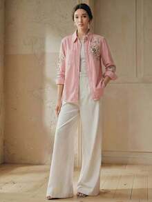 Camisa de mujer de manga larga con bordado floral elegante, romántica para fiestas, vacaciones, combina con jeans, primavera/verano - Rosa - Ver 4