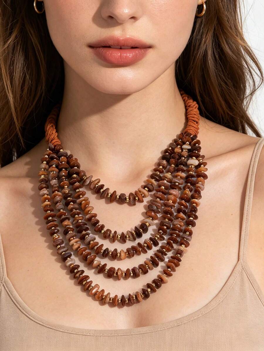 1 chiếc vòng cổ nhiều lớp đính đá giả thủ công phong cách Bohemian - Phụ kiện thanh lịch hoàn hảo cho các bữa tiệc và quà tặng sinh nhật. - 1 chiếc vòng cổ hạt đá giả nhiều lớp được dệt thủ công - Xem 1