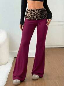 Pantalones acampanados con cintura plegable de color contrastante para mujer - Burdeos - Ver 3