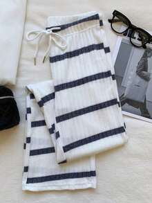 Pantalones casuales de mujer con cintura con cordón acanalado, para primavera/otoño - Azul marino - Ver 4