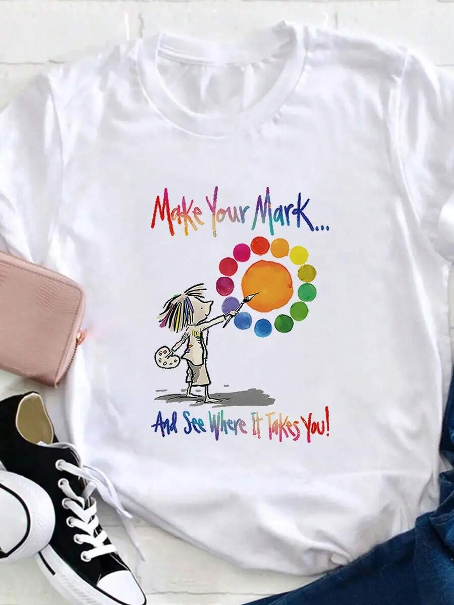 Women's "Leave Your Mark" T-Shirt For Art Teachers - Inspirational "Make A Difference" Design With Paint Palette And Tray Pattern, Casual Crew Neck Top For Spring, Summer, And Autumn, Suitable For Educators, Staff, And Gardening Enthusiasts - Comfortable Everyday Wear, Gift For Teachers, Educational Apparel, Graphic Print T-Shirt, Durable, Soft Material. A Very Distinctive Printed T-Shirt / Unisex Style / Suitable For Both Men And Women / Wrinkle-Resistant / Breathable - 白色 - 查看 1
