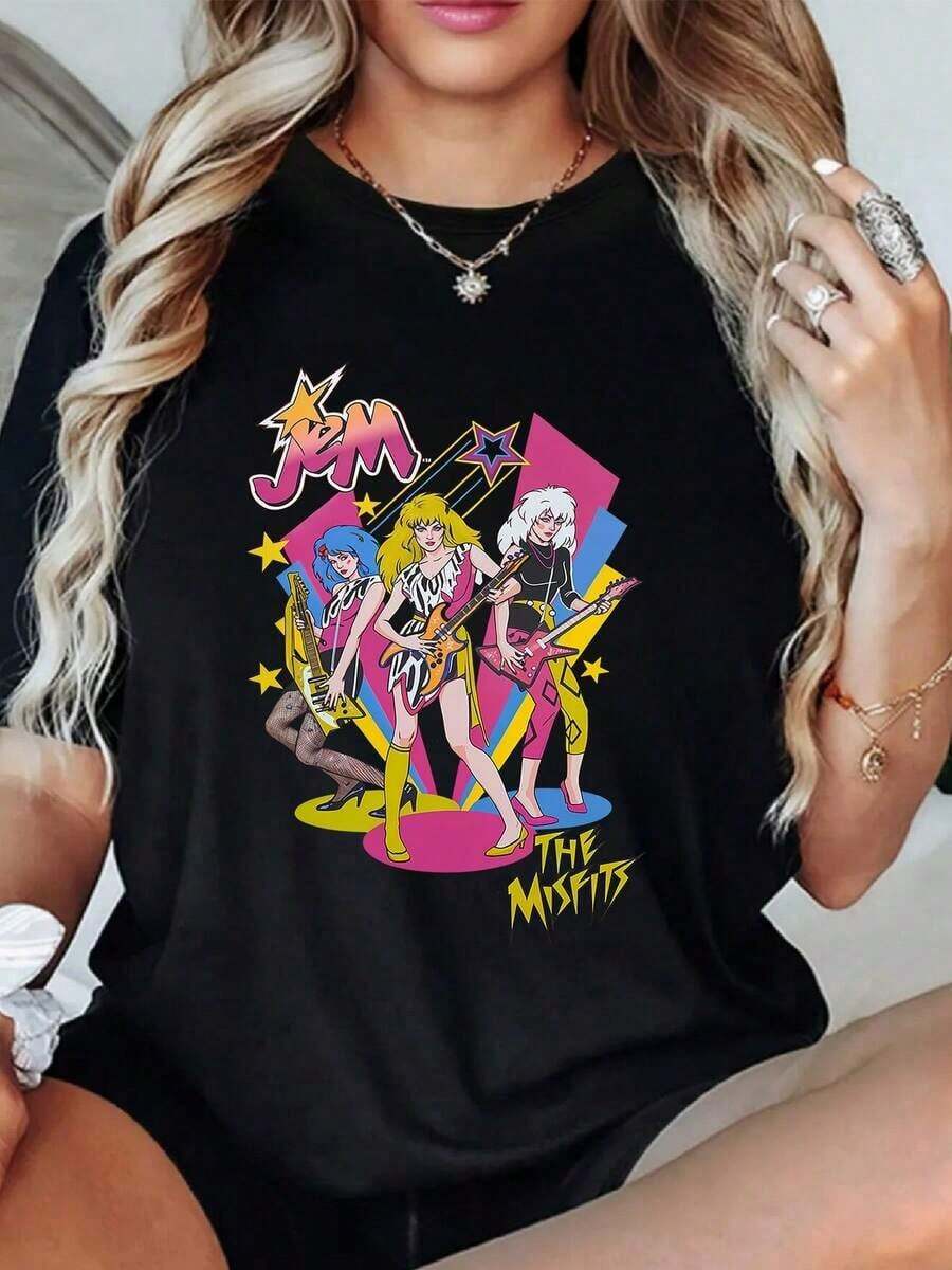 1pcs Women's 80s Retro Rock Band Girl Graphic Print T Shirt Summer Casual 100% Cotton Round Neck Tee Top Casual Blouses For Lady - 黑色 - 查看 1