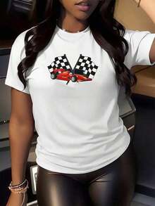 LooseGráfico de coche de carreras rojo con banderas a cuadros simboliza la pasión por la velocidad y la fuerza del equipo pit crew camisetas de mujer 100% algodón cómoda y moderna para uso diarioBasic Crew Neck Cotton T-shirt for Women - Rojo - Ver 10