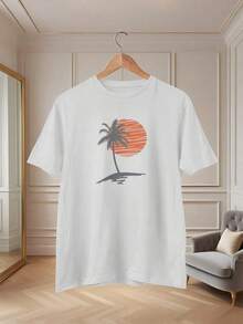 Men's And Women's Tropical Palm Tree And Sunset Print T-Shirt - Orange-Yellow Gradient, Loose Fit, Beach Vacation T-Shirt, Casual Everyday Wear And Tropical Getaways - Unisex T-Shirt - 白色 - 查看 5