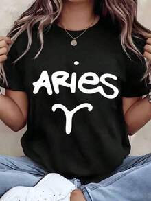 Soft, Breathable, And Lightweight For All-Day Comfort. Women's T-Shirt With An Aries Zodiac Sign Print, Crew Neck, Casual Style For Everyday Wear, Ideal As A Gift, 220g. Classic Crew Neck With A Relaxed Fit That Flatters All Body Shapes And Is Easy To Pair With Jeans, Shorts, And Leggings. - 黑色 - 查看 6