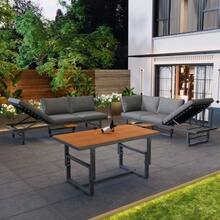 Garden Furniture Set, Grey, 3-Piece Set With 2 Sofas, Table, Powder-Coated Iron Frame, Adjustable Backrest, Acacia Wood, Adjustable Table, Including All Seat Cushions And Pillows - 灰色 - 查看 7