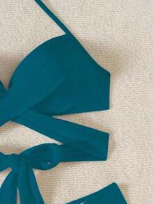 Swim Mod Conjunto de bikini de tirantes cruzados con envoltura de playa y soporte push-up para el verano - Azul - Ver 10