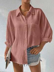 Camisa de mujer minimalista y casual de unicolor con botones delanteros, textura y hombros caídos - Rosa - Ver 1