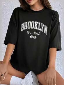 Camiseta con Estampado de Letras, Manga Corta, Cuello Redondo, Estilo Casual, Ropa de Verano y Primavera para Mujer - Estilo Vintage Urbano, Unisex, Camiseta Holgada de Algodón 100% Puro - Negro - Ver 1