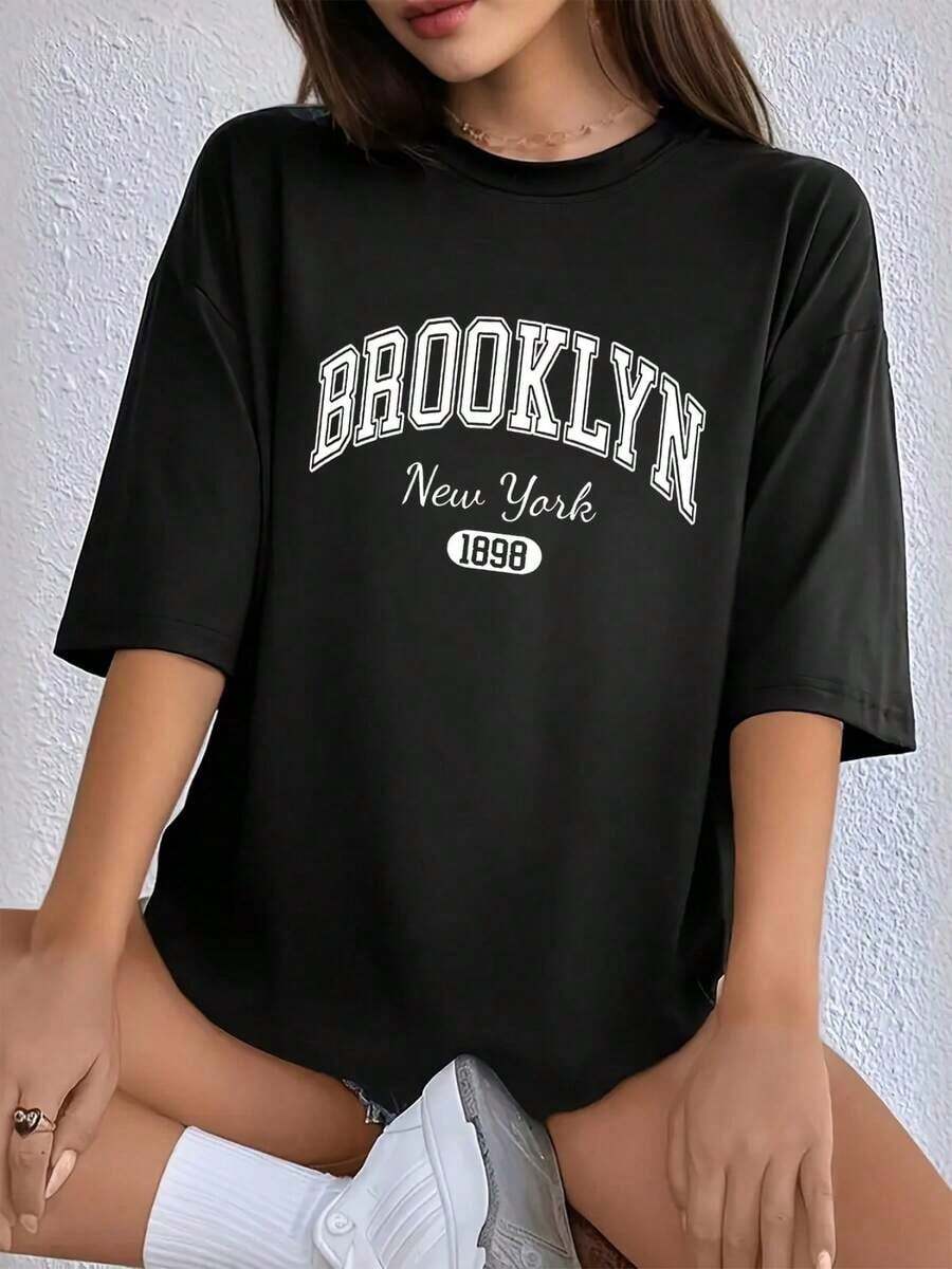 Camiseta con Estampado de Letras, Manga Corta, Cuello Redondo, Estilo Casual, Ropa de Verano y Primavera para Mujer - Estilo Vintage Urbano, Unisex, Camiseta Holgada de Algodón 100% Puro - Negro - Ver 1