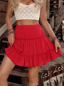 Jsnjjf Falda Casual de Color Sólido con Cintura Elástica y Volantes para Mujer - Rosa Pálido - Ver 6