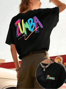 VintageCamiseta estampada de Zumba Dance, 100 % algodón, estampada a doble cara, suave con la piel, corte holgado, básica y versátil para uso diario.Graphic Tee - Negro - Ver 6