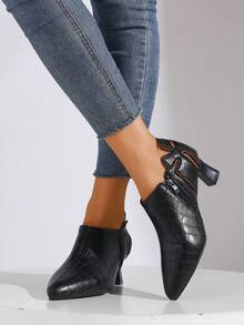 Women's Crocodile Embossed Ankle Boots, Wave Cut Pointed Toe Booties, Fashion High Heel Dress Shoes With Contrast Trim - 黑色 - 查看 4