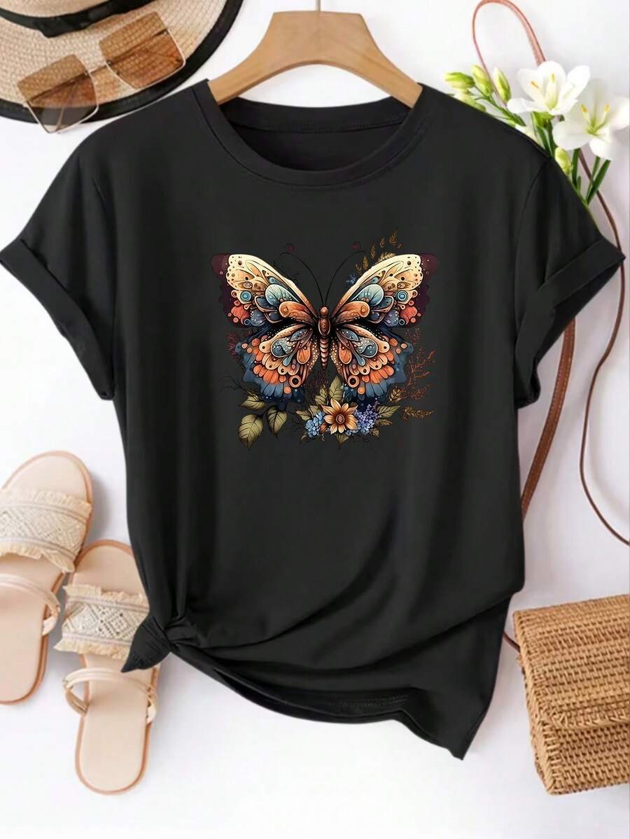 Short-Sleeved T-Shirt With Butterfly Print, Round Neck Top For Women, Casual T-Shirt, Suitable For Daily Wear In Spring/Summer, Women's Clothing. - 黑色 - 查看 1