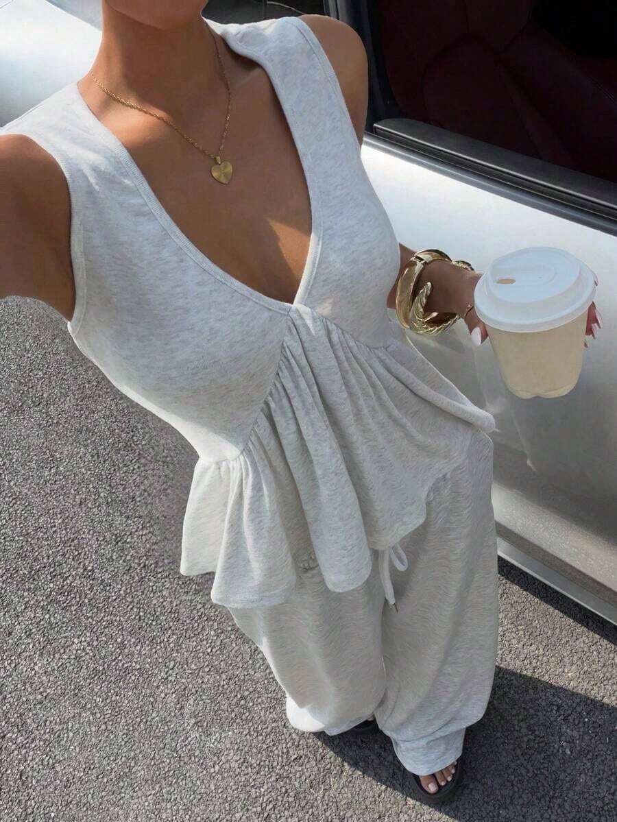 Conjunto de 2 piezas de camisola con cuello en V y pantalones para mujer, estilo vintage, efecto desgastado y lavado a la nieve, de , para verano. - Gris - Ver 1